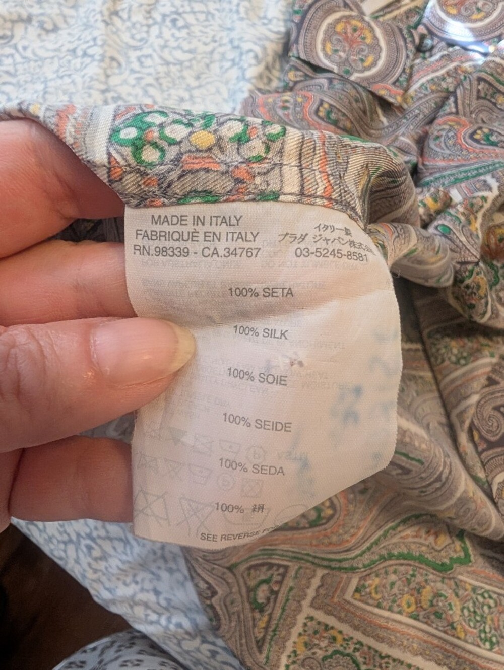 2000 Vintage Prada Green, Orange and Cream Paisley Silk Button-Down Shirt